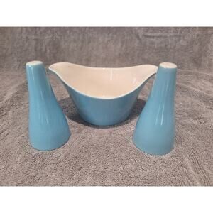 Vintage Mid Century Modern Blue Ceramic Salt Pepper & Bowl Set Atomic Retro